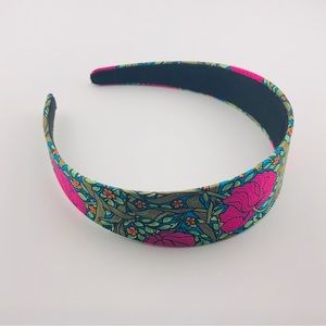 Silk Headband, New, Handmade - Hot Pink Flower, Blue Background Pattern